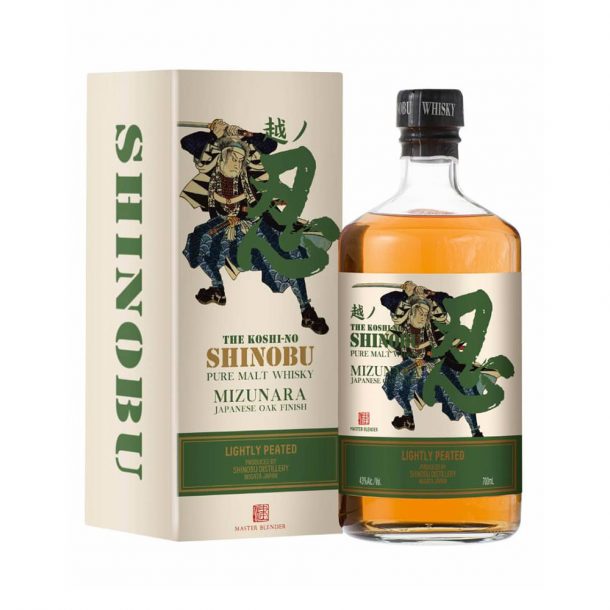 A graphic rendering image of the Shinobu Peated Malt Whisky Bottle and Box