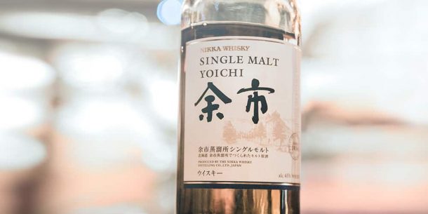 Close-up of on the label of the Nikka Yoichi Single Malt Bottle with blurry background