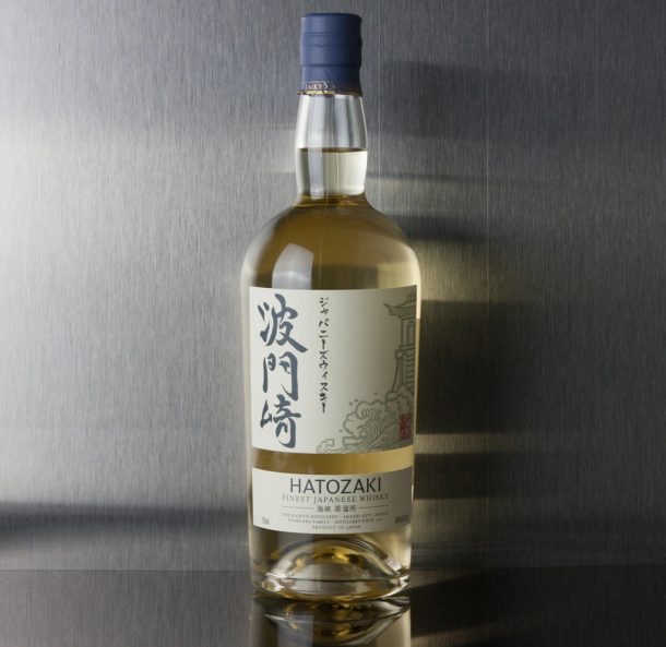 Bottle of Hatozaki Finest Japanese Whisky against a gray background - best Japanese whisky for cocktails