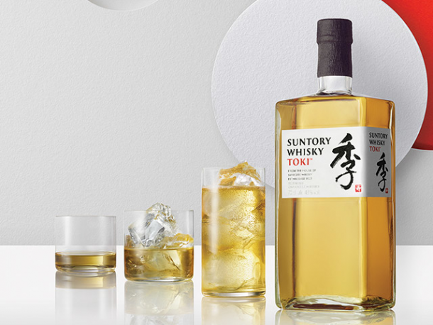 Bottle of Toki next to glasses of neat, rocks and highball - best Japanese whisky for cocktails